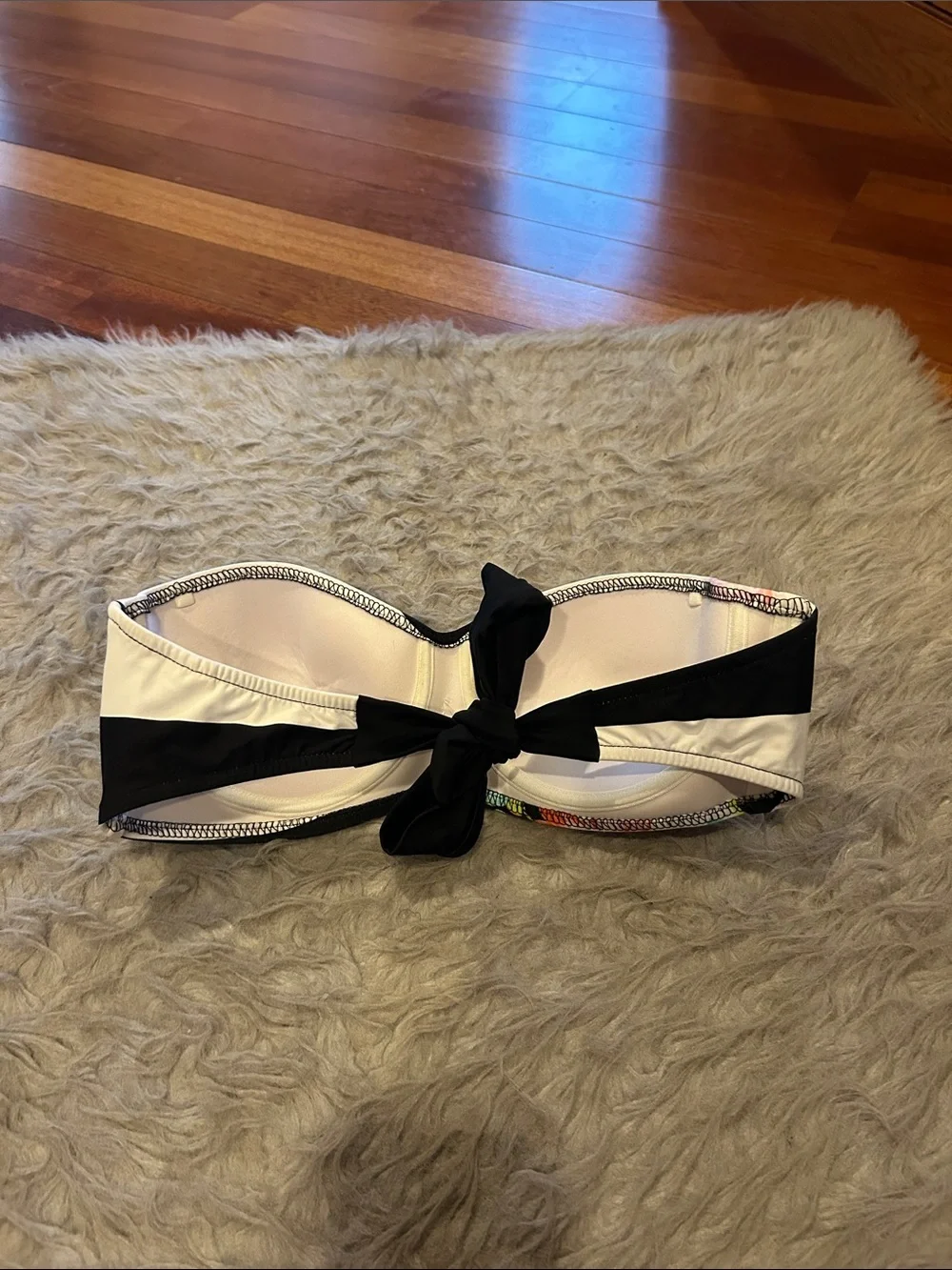 Venus Floral Stripe Bandeau Bikini Top - Black & White with Pink Flowers‎